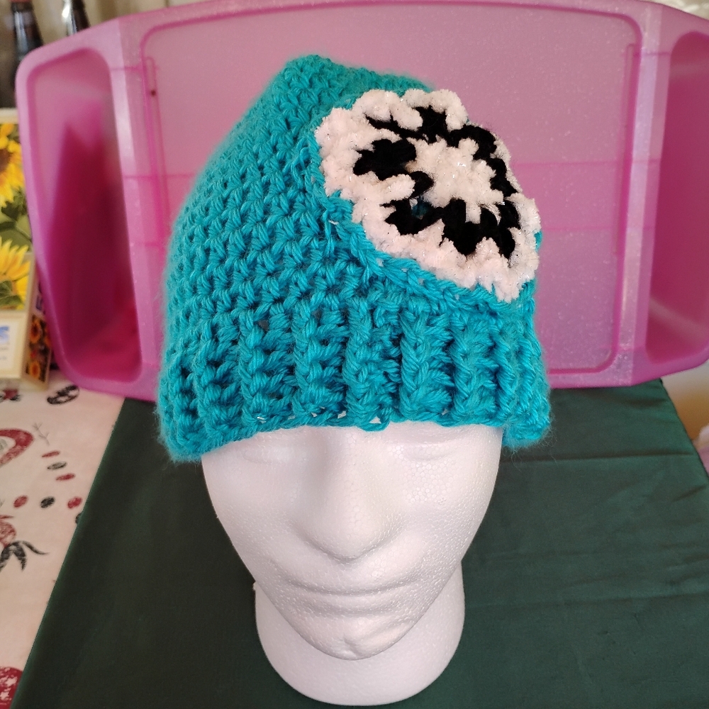 Handmade Teal Crochet Beanie with Black and White Flower